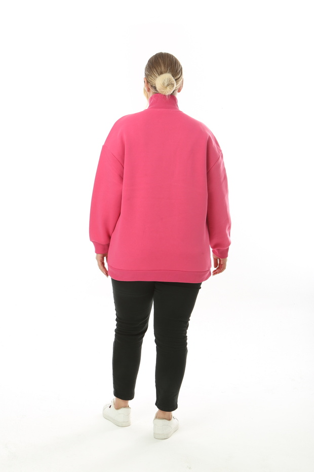 3 Thread Inside Fleece Zippered High Collar Slogan Printed Oversized Sweatshirt Fuchsia - 7