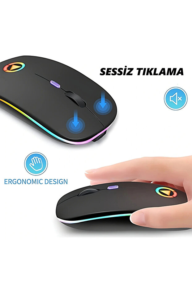 Şarj Edilebilir Kablosuz Led Işıklı Sessiz Optik Mouse - 5