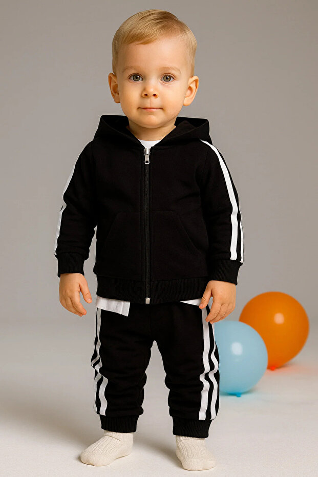 Side Striped Kangaroo Pocket Zip Sportswear 2-Piece Baby Set