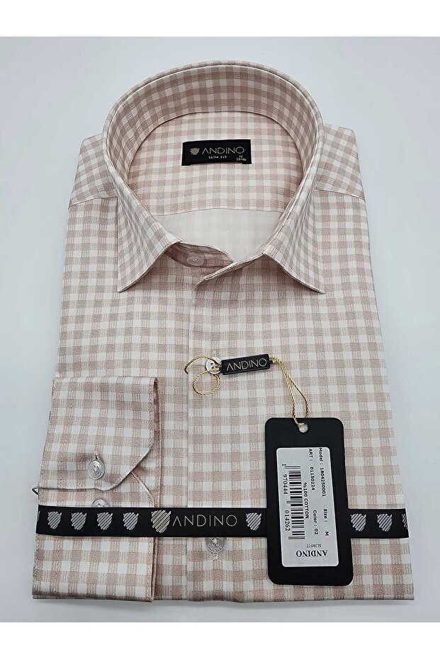 Slimfit Milk Coffee Checkered Men's Shirt 100% Cotton with a Slim Fit Structure As01150224/02