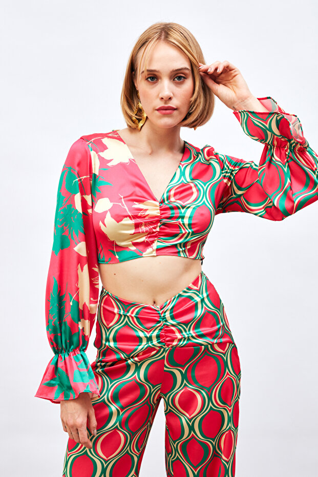 بلوزة منقوشة بتفاصيل مطاطية - فوشيا - 7