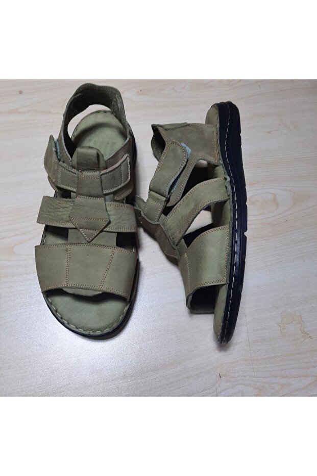 Khaki Color Velcro Sandals Made Entirely of Genuine Leather Inside and Outside