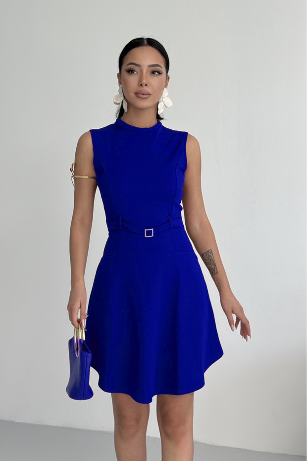 Crew Neck Belt Accessory Sax Blue Dress