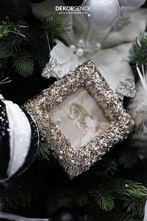 Christmas Ornament Stone Square Frame Champagne 12 cm