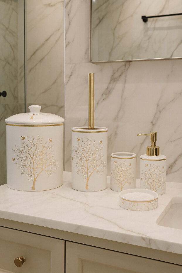 Decorative Porcelain Tree of Life Patterned Gold Detailed 5-Piece Bathroom Set