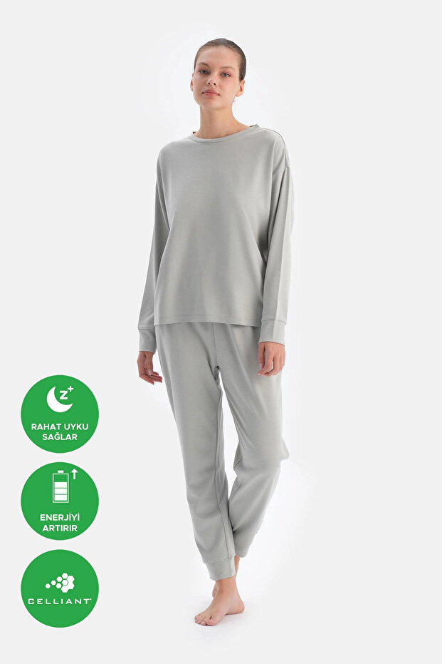 Gri Bisiklet Yaka Jogger Paça Cellıant Pijama Takımı - 1