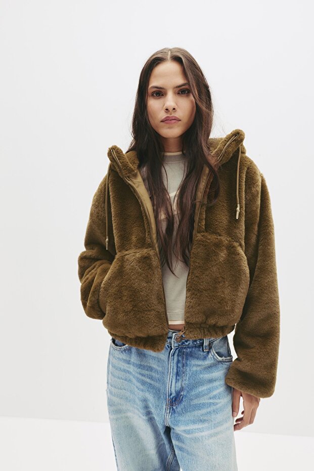 Kapüşonlu suni kürk ceket - 3