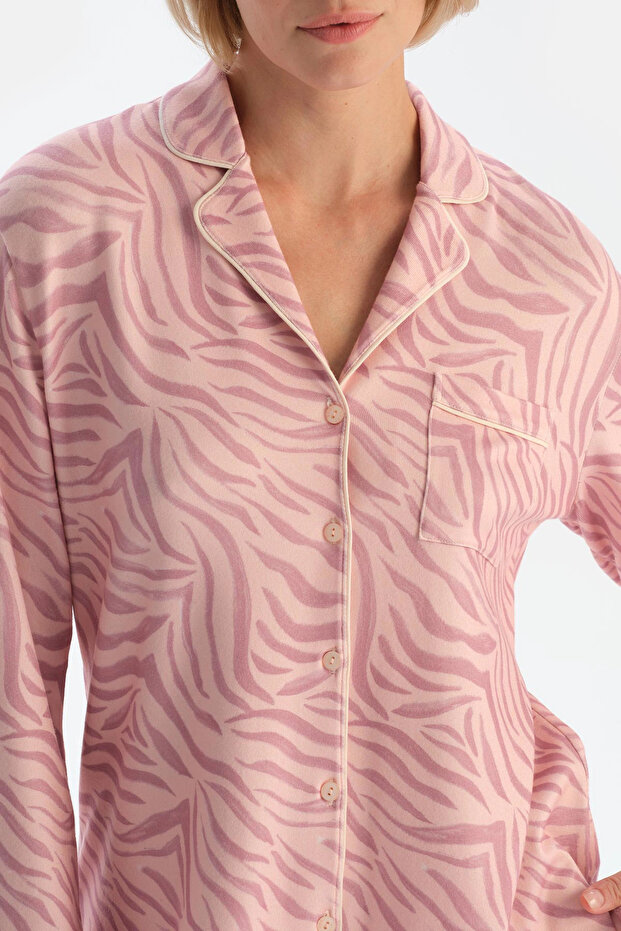 Açık Pembe Zebra Desenli Gömlek Pantolon Pijama Takımı - 5