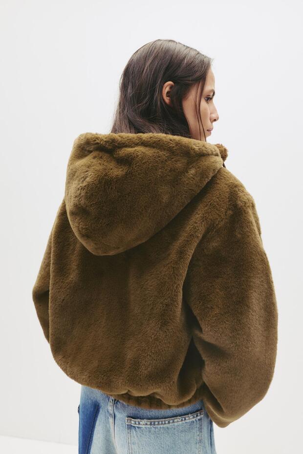 Kapüşonlu suni kürk ceket - 4