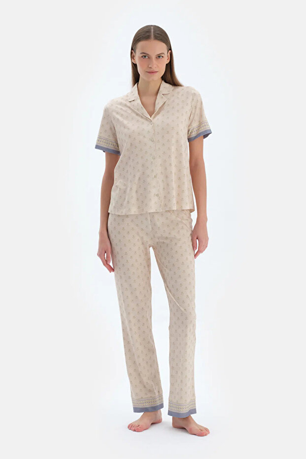 Ekru Çıtır Desenli Gömlek Pantolon Pijama Takımı - 4