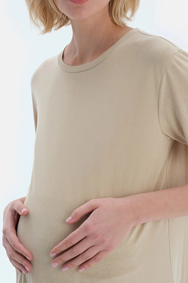 Sütlü Kahve Bisiklet Yaka Modal Hamile Tişört - 5