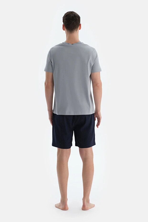 Lacivert Çizgili Dokuma Şort - 2