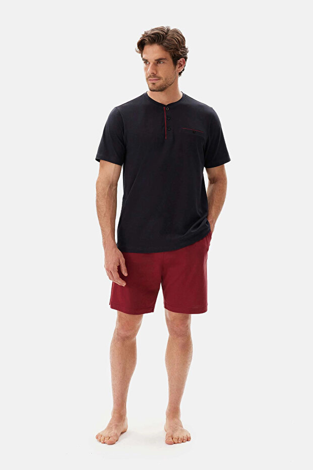 Lacivert Yarım Patlı Kısa Kollu Şort Pijama Takımı - 1