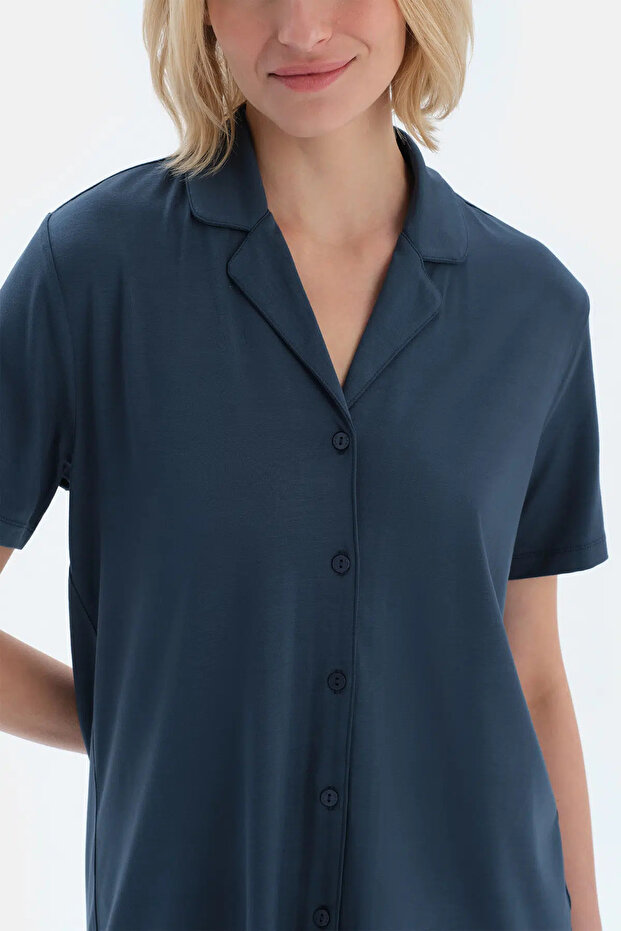 Lacivert Dokuma Etiket Detaylı Basıc Gömlek Şort Pijama Takımı - 6