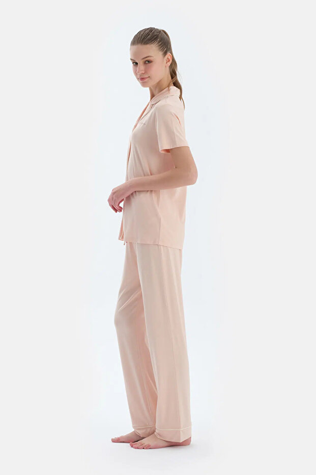 Sütlü Kahve Kısa Kollu Basıc Gömlek Pantolon Pijama Takımı - 3
