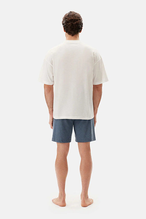 Ekru Bıs Yaka Flamlı Tişört Şort Pijama Takımı - 2