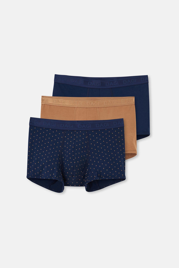 Açık Kahve-Lacivert 3'Lü Desenli Micro Modal Boxer - 1