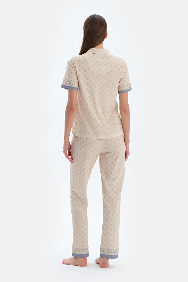 Ekru Çıtır Desenli Gömlek Pantolon Pijama Takımı - 2