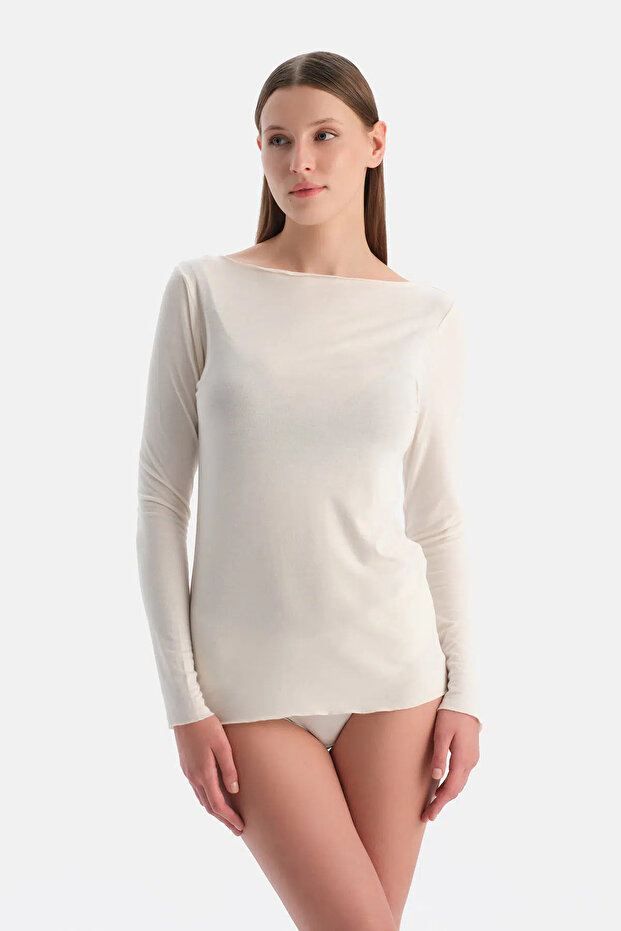 Ekru Modal Kaşmir Kayık Yaka Uzun Kollu Üst - 4