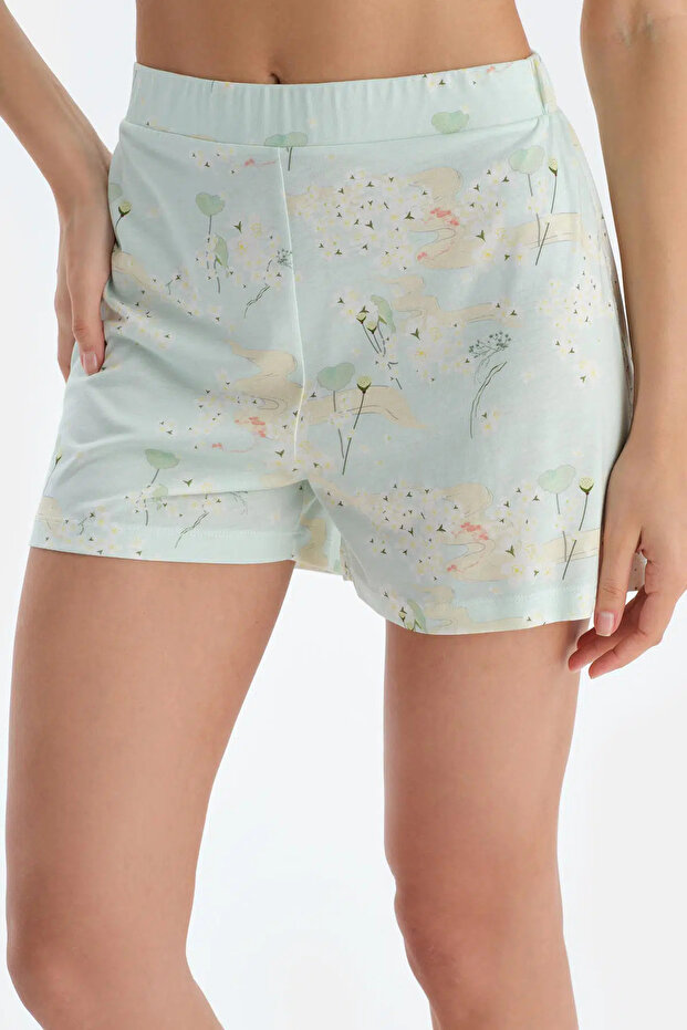Açık Yeşil Çiçek Baskılı Penye Modal Gömlek Şort Pijama Takımı - 7