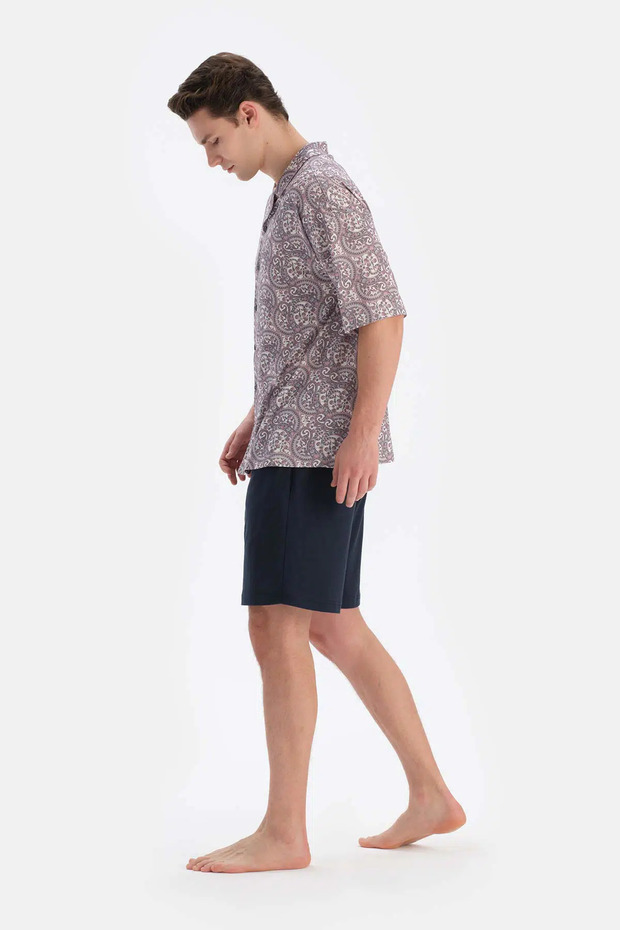 Multicolor Gömlek Yaka Kısa Kollu Desenli Modal Pijama Takımı - 3