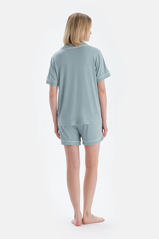 Su Yeşili Biye Detaylı Kısa Kollu Gömlek Şort Pijama Takımı - 2