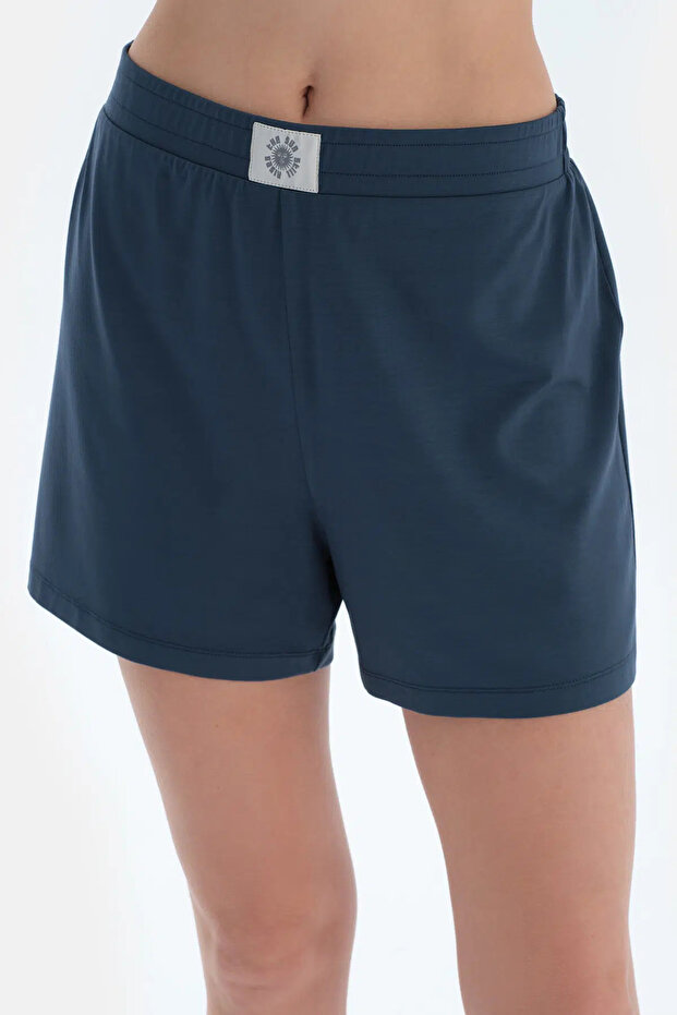 Lacivert Dokuma Etiket Detaylı Basıc Gömlek Şort Pijama Takımı - 7