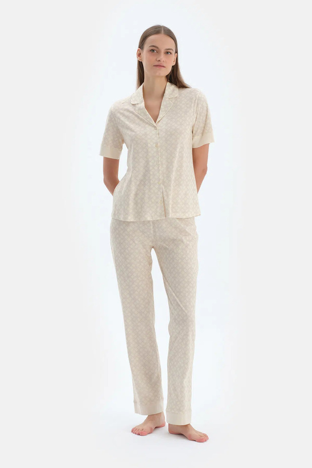 Açık Sarı Halat Desenli Gömlek Pantolon Pijama Takımı - 4