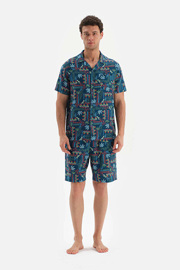 Lacivert Gömlek Yaka Metraj Baskılı Dokuma Pijama Takımı - 6