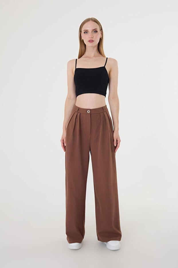 Women's Brown Pleat Detailed Palazzo Trousers