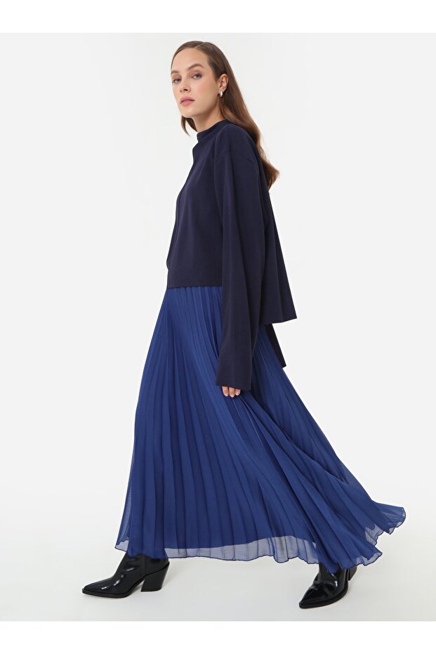 Piliseli Şifon Etek - Lacivert - Refka - 2