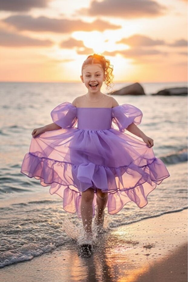 Flared Madonna Collar Puffy Chiffon Luxurious Lilac Children Evening Dress Aby218