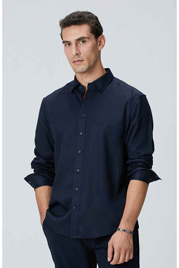 Lacivert Lyocell Gömlek - 1