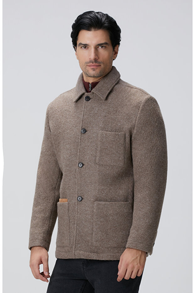 Bej Melanj Örme Yün Ceket - 5
