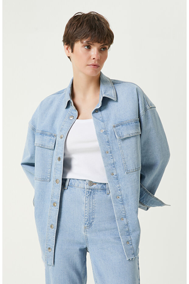 Açık Indigo Mavi Denim Gömlek - 1