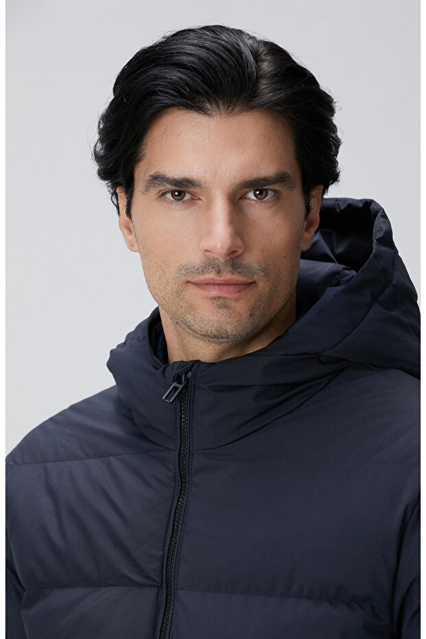 Lacivert Kapüşonlu Puffer Mont - 6