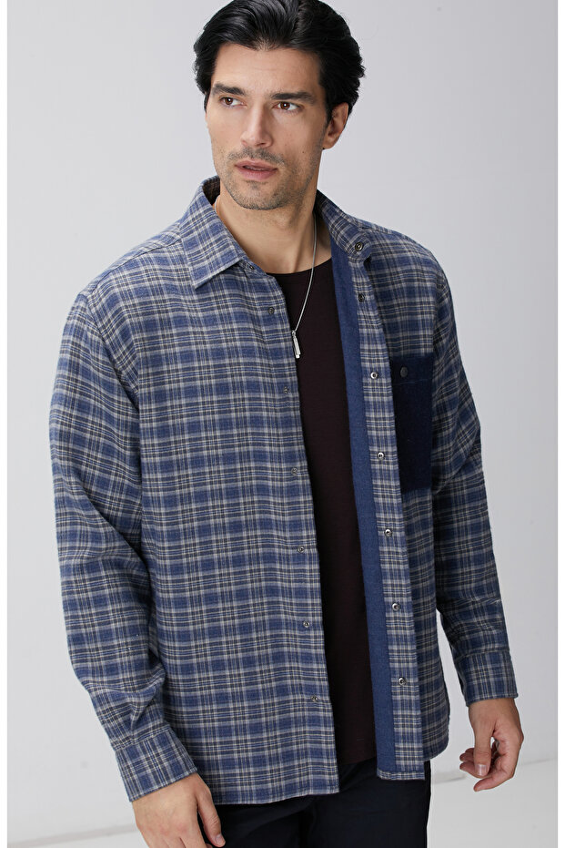 Indigo Ekose Desenli Gömlek - 5