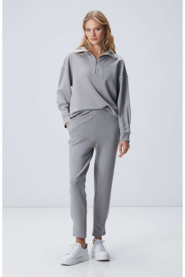 Gri Fermuarlı Sweatshirt - 3