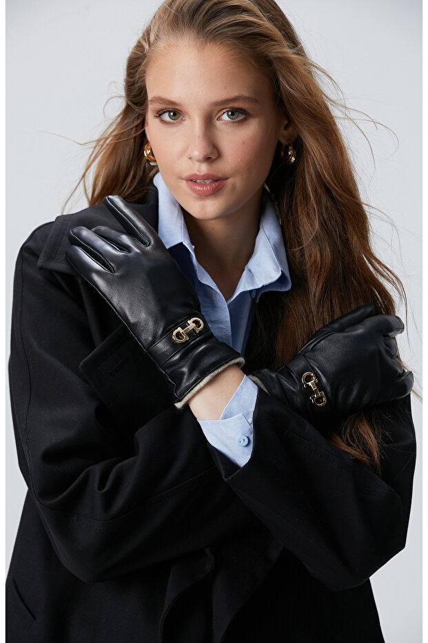 Siyah Kadın Deri Eldiven - 3