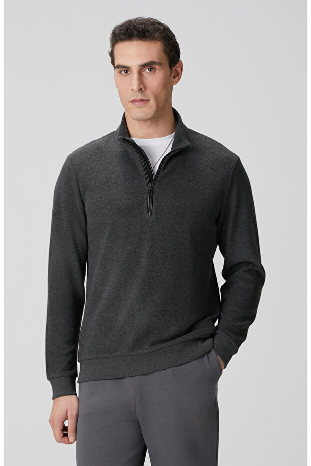 Antrasit Dik Yaka Fermuarlı Sweatshirt - 1