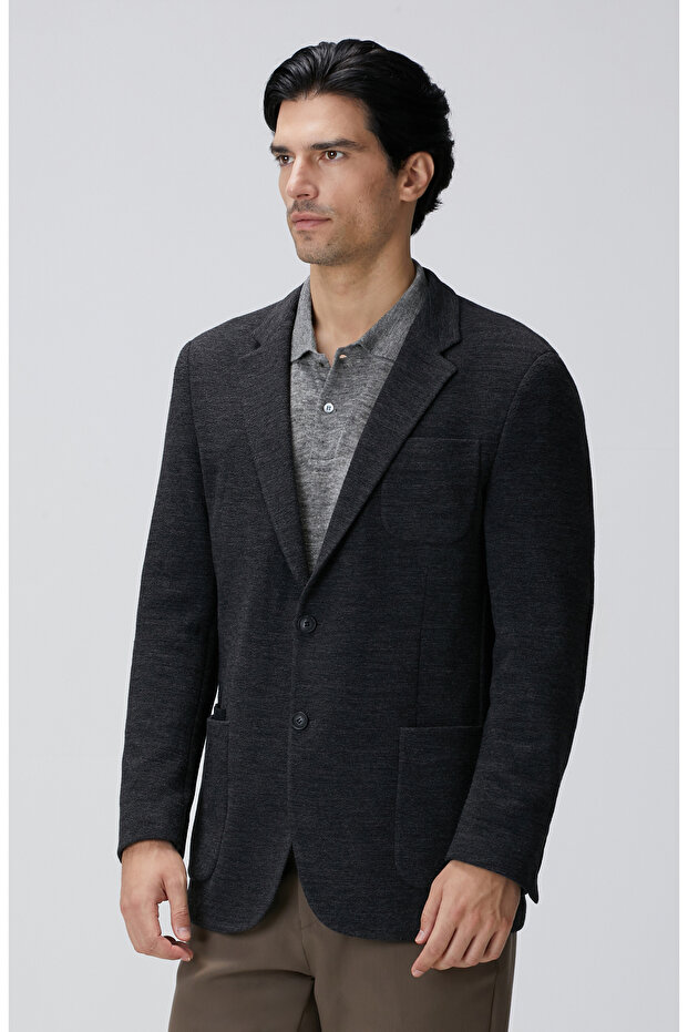 Antrasit Yün Karışımlı Örme Ceket - 4