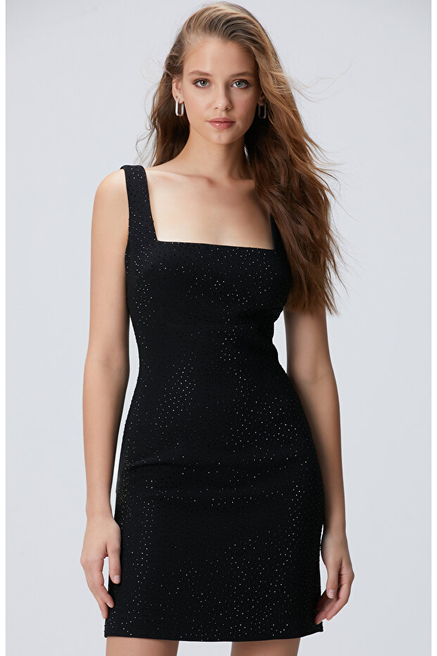 Siyah Taş Baskılı Abiye Elbise - 1