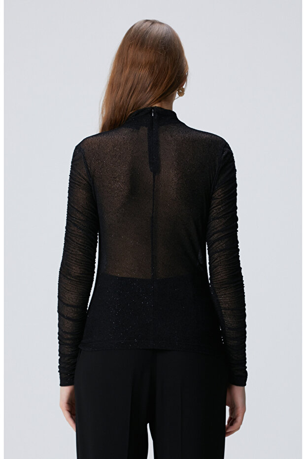 Siyah Flok Baskılı Örme Bluz - 5