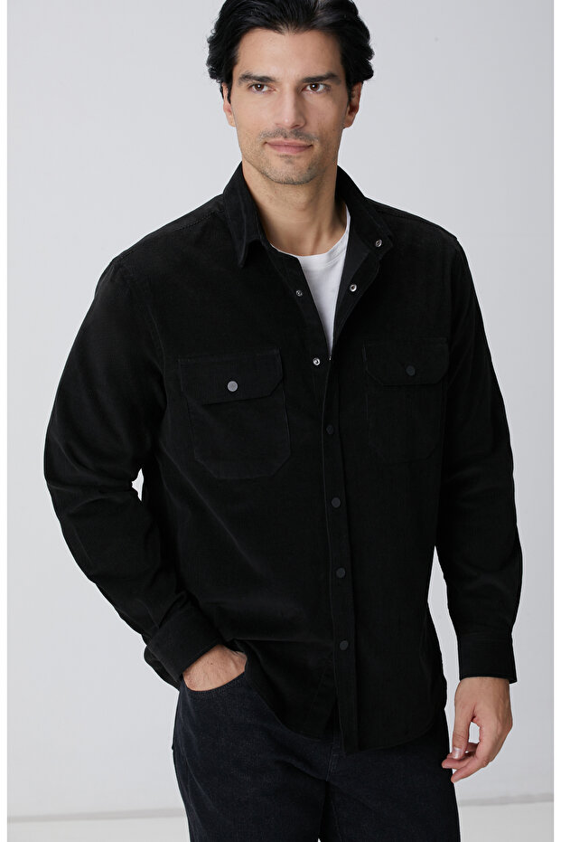 Siyah Çift Cepli Fitilli Kadife Gömlek - 2