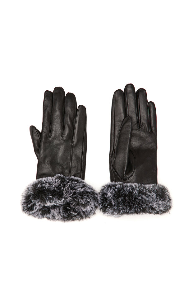 Siyah Kadın Deri Karışımlı Eldiven - 1