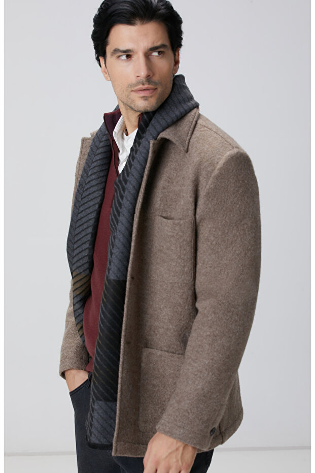 Bej Melanj Örme Yün Ceket - 1