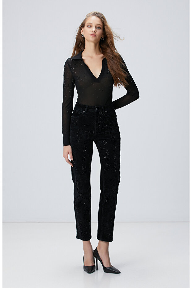 Siyah Kadife Denim Pantolon - 1