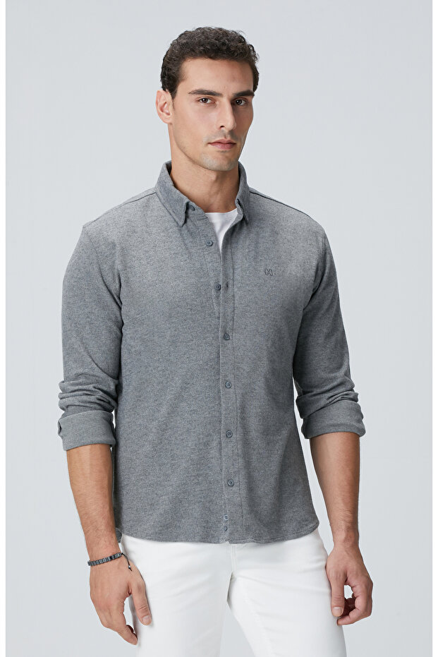 Gri Flanel Görünümlü Örme Gömlek - 1