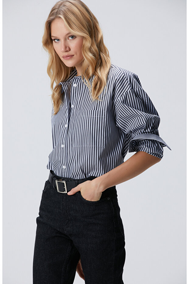 Lacivert Mavi Oversize Gömlek - 4