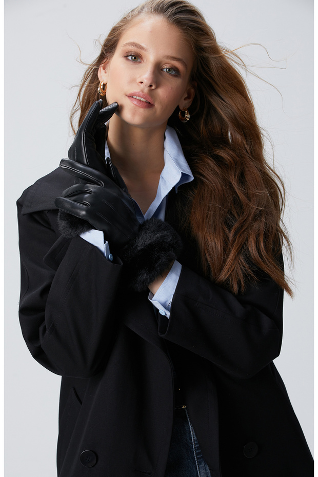 Siyah Kadın Deri Karışımlı Eldiven - 4